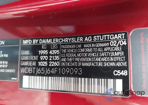 2004 Mercedes-Benz Clk 320 из США, поврежденный, VIN WDBTJ65J64F109093